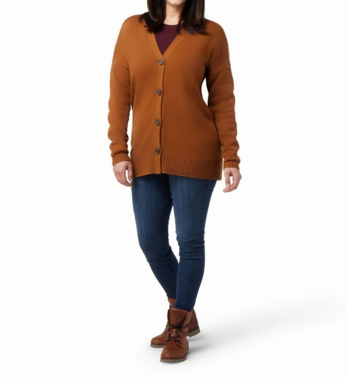 Cozy Lodge Merino Wool Boyfriend Cardigan Sweater In Acorn Heather Tops Womens - asymmetrical tops