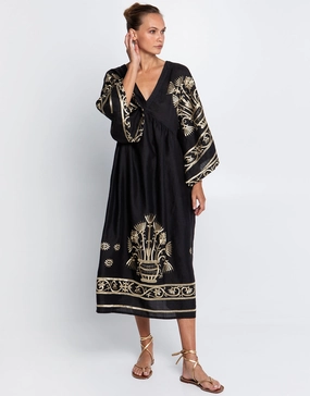 Crete V Neck Midi Kaftan - Black and Gold Swim Womens - bikinis clearance