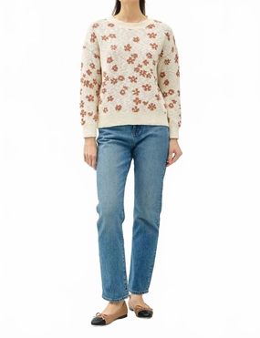Crew Neck Flower Sweater In Beige Tops Womens - peplum tops outlet