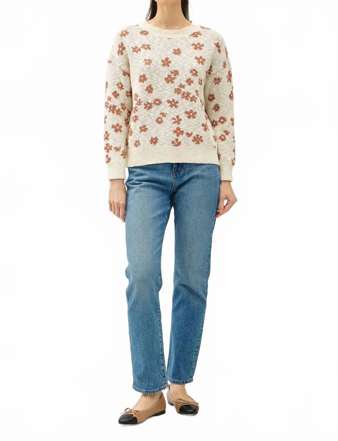 Crew Neck Flower Sweater In Beige Tops Womens - peplum tops outlet