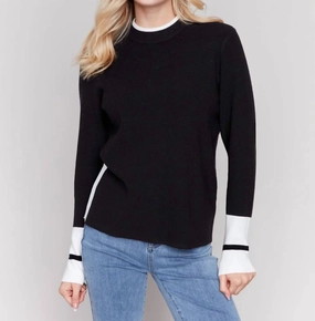Crew Neck Sweater W Side Slit In Black Tops Womens - bodysuits clearance