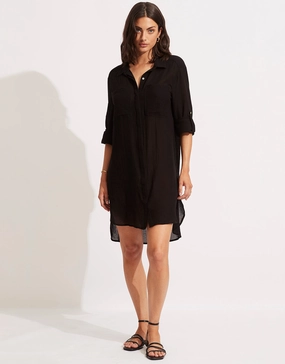 Crinkle Twill Beach Shirt - Black Swim Womens - swimwear sale