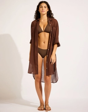 Crinkle Twill Beach Shirt - Dark Chocolate Swim Womens - bikinis clearance
