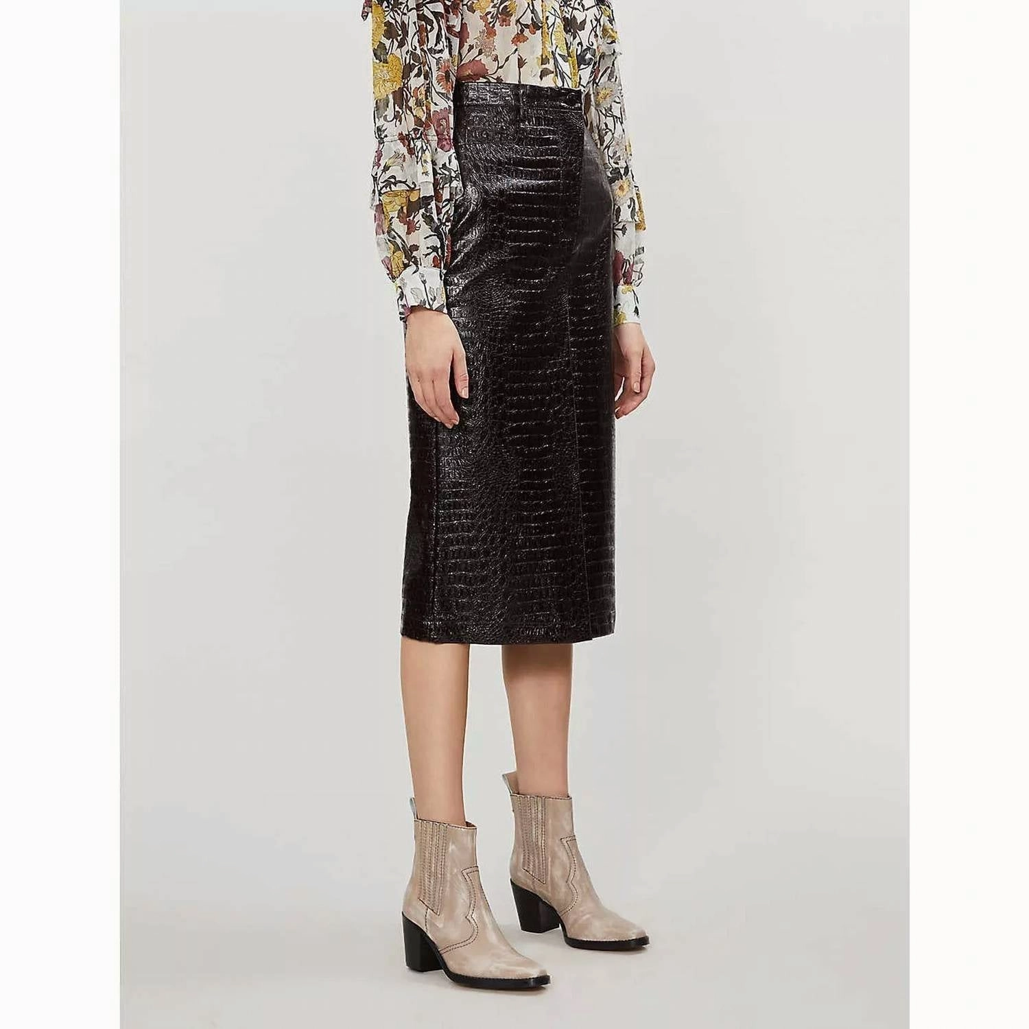 Croc Embossed Vinyl Faux Leather Pencil Skirt In Brown