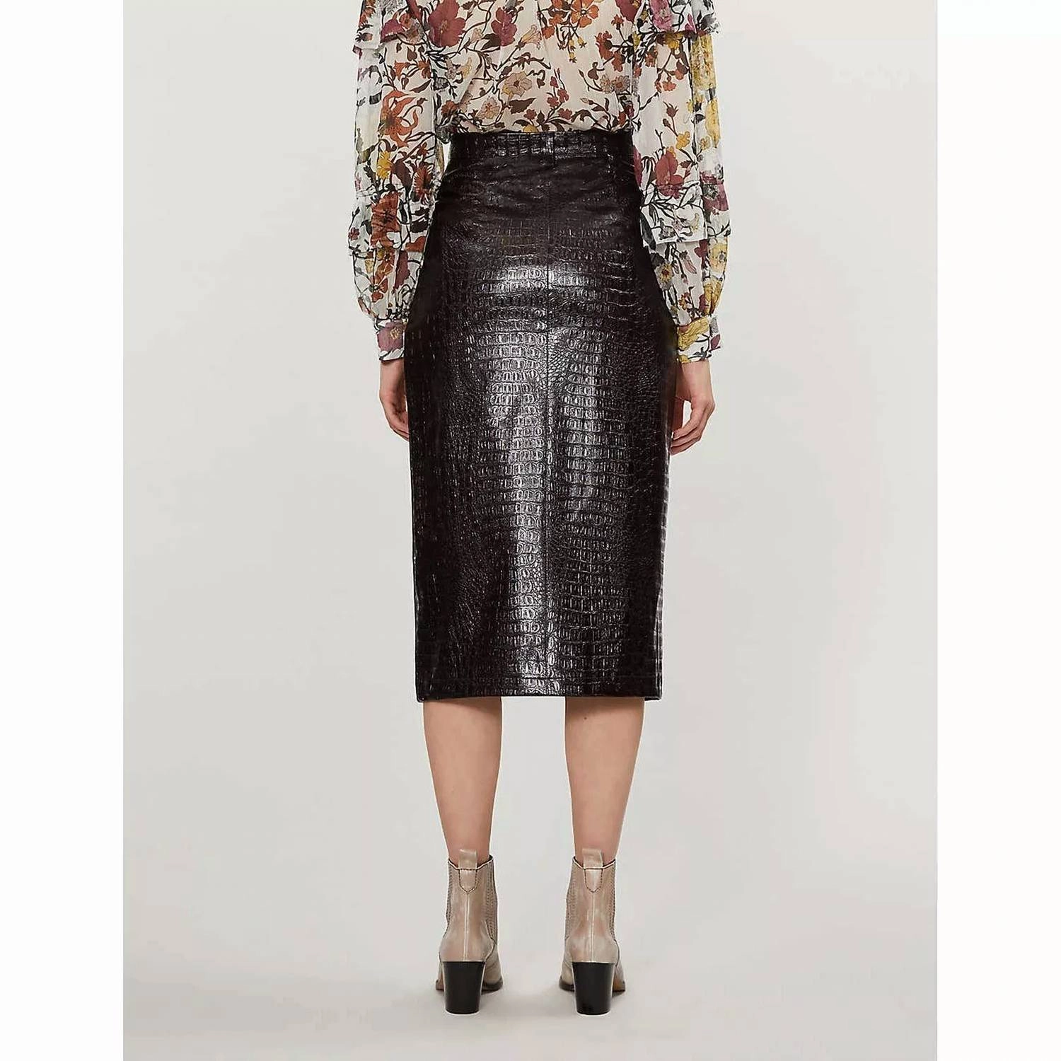 Croc Embossed Vinyl Faux Leather Pencil Skirt In Brown
