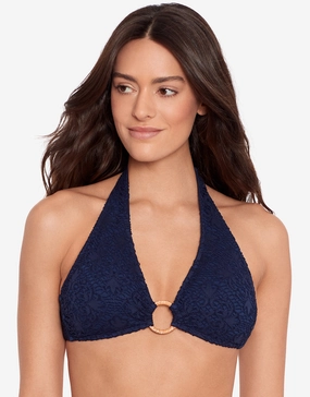Crochet Rattan Ring Halter Bikini Top - Navy Swim Womens - one-pieces cheap