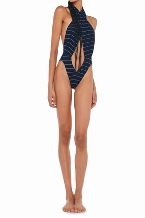 Cross Halter Bodysuit In Navy Pinstripe Swim Womens - ruched swimwear outlet