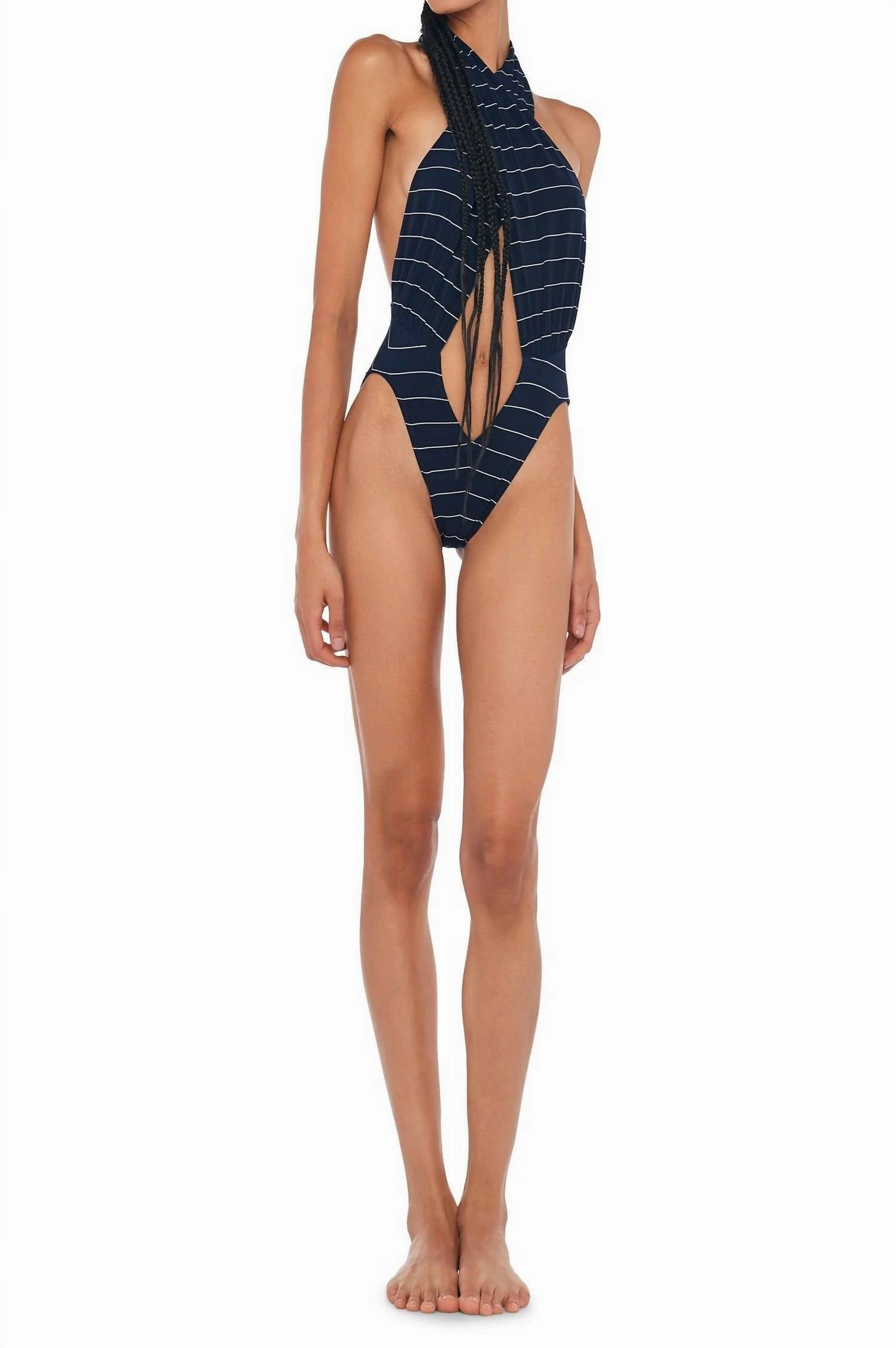 Cross Halter Bodysuit In Navy Pinstripe Swim Womens - ruched swimwear outlet