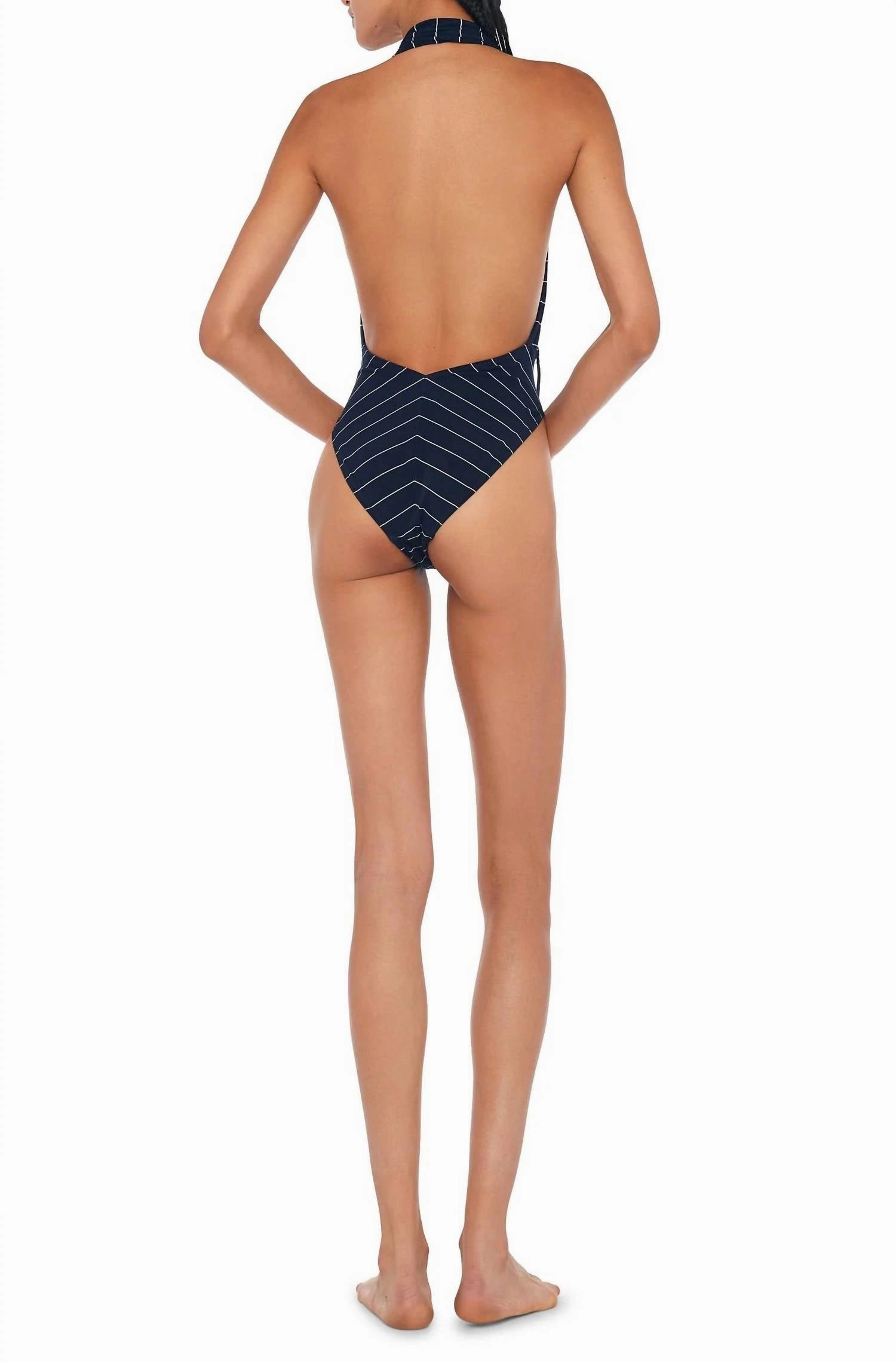 Cross Halter Bodysuit In Navy Pinstripe