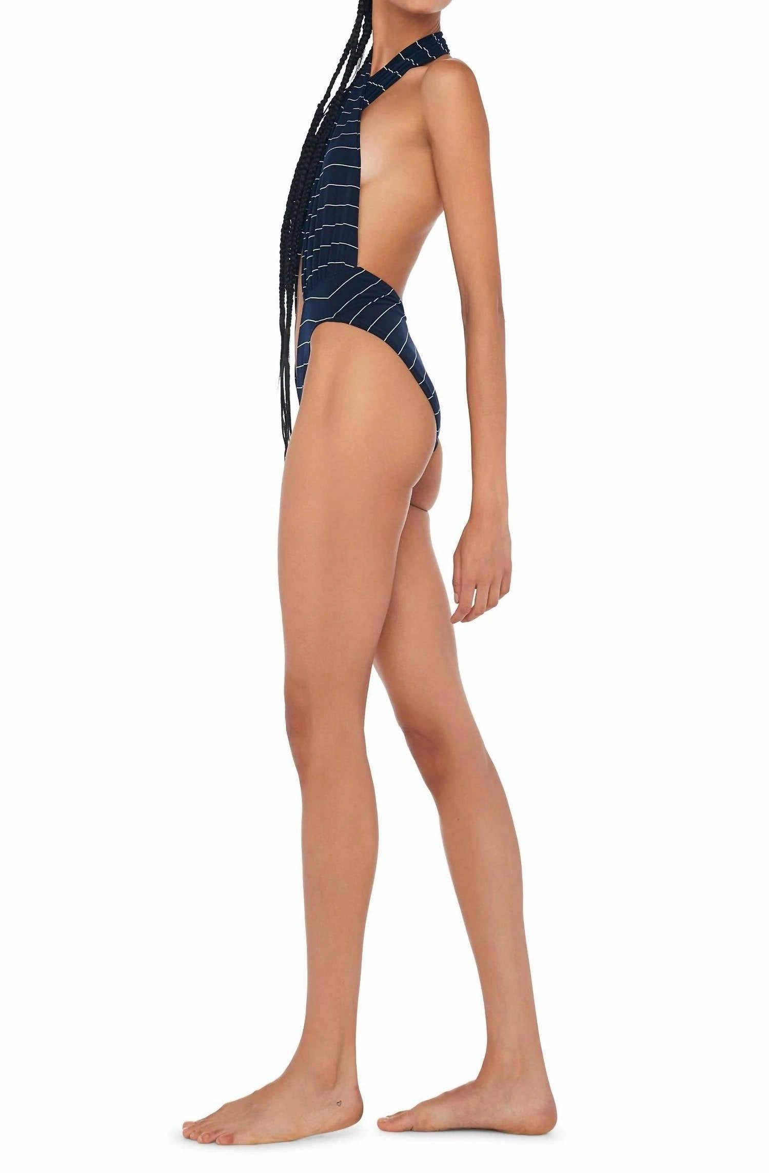 Cross Halter Bodysuit In Navy Pinstripe