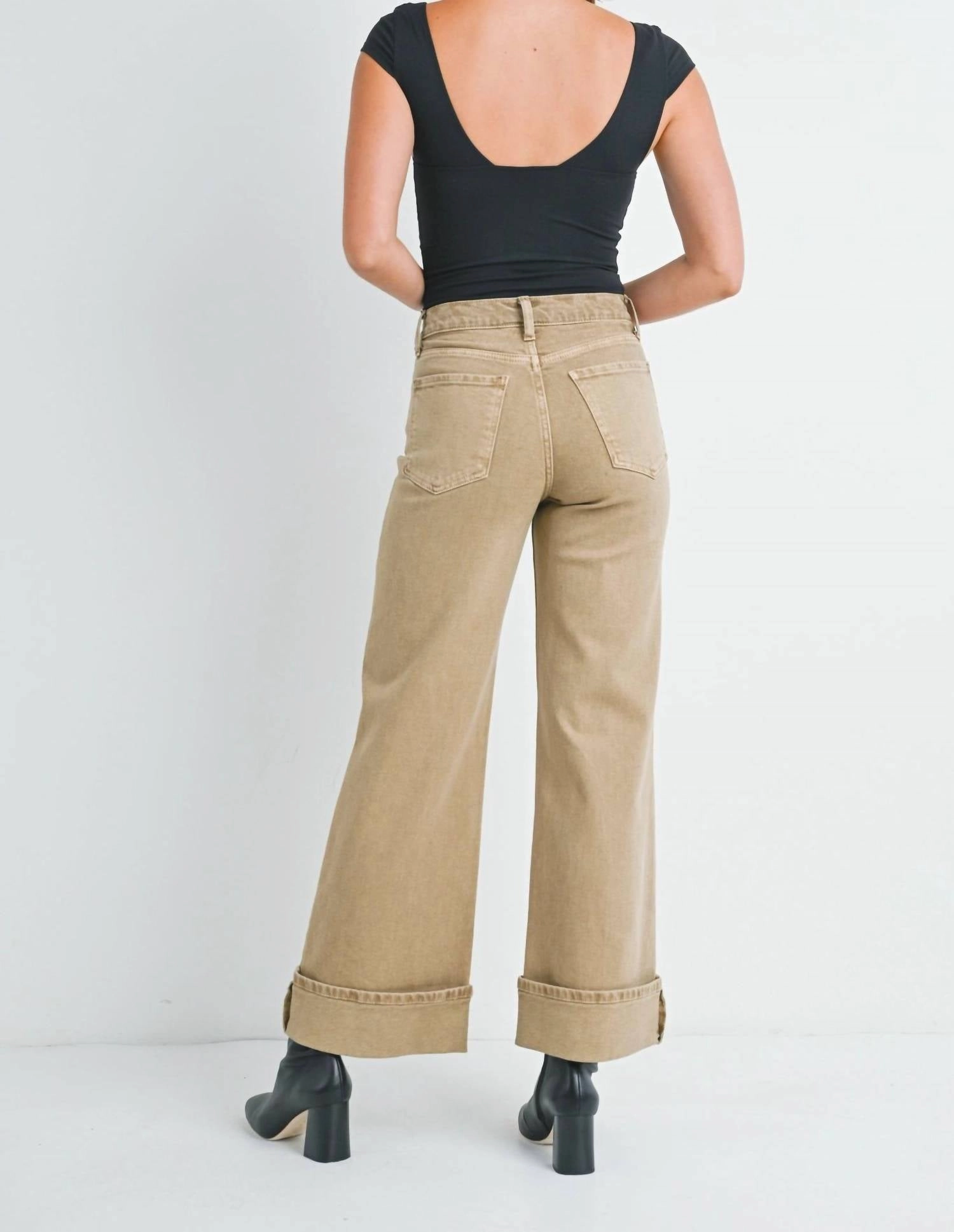 Cuffed Palazzo Wide Leg Jeans In Khaki