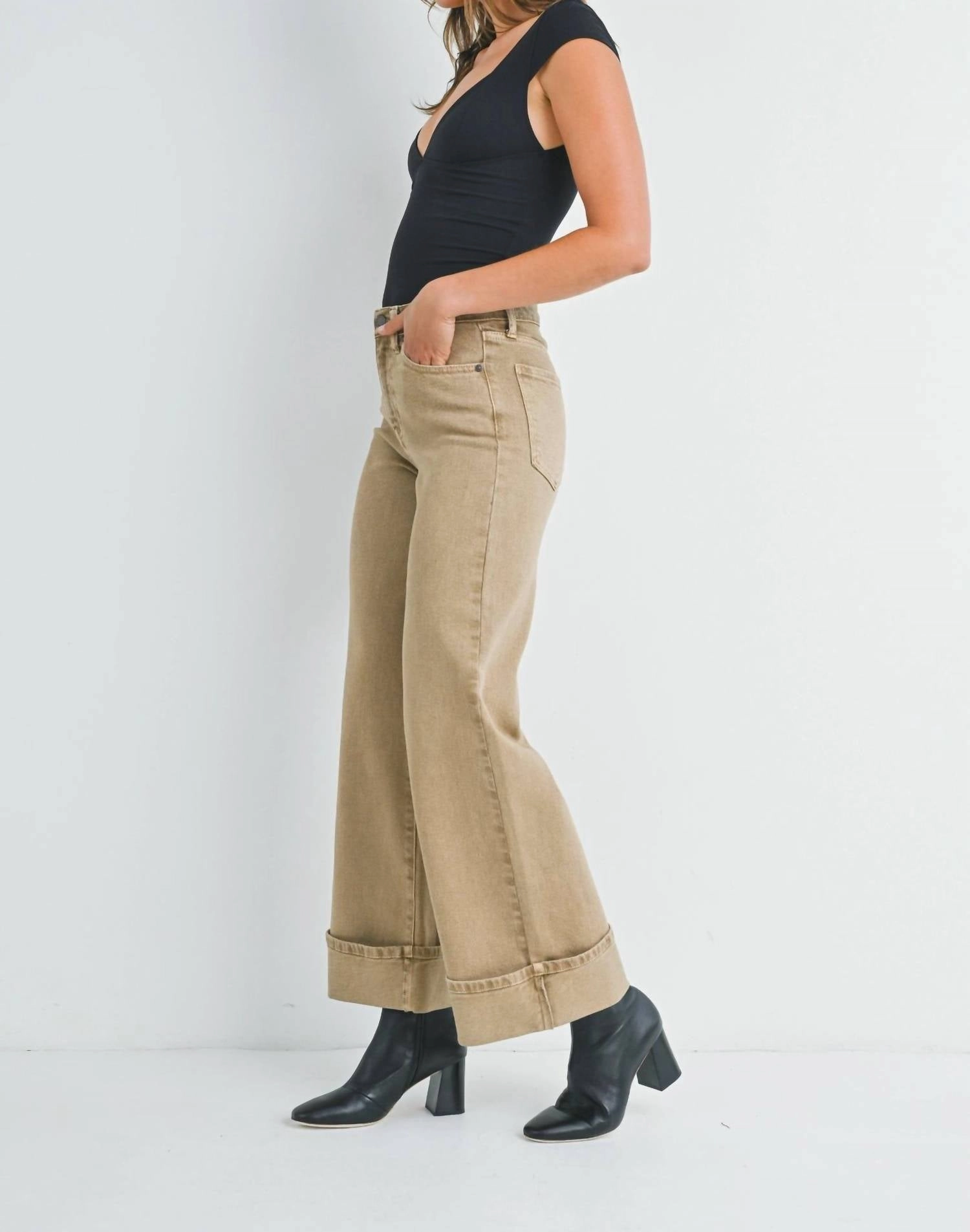 Cuffed Palazzo Wide Leg Jeans In Khaki