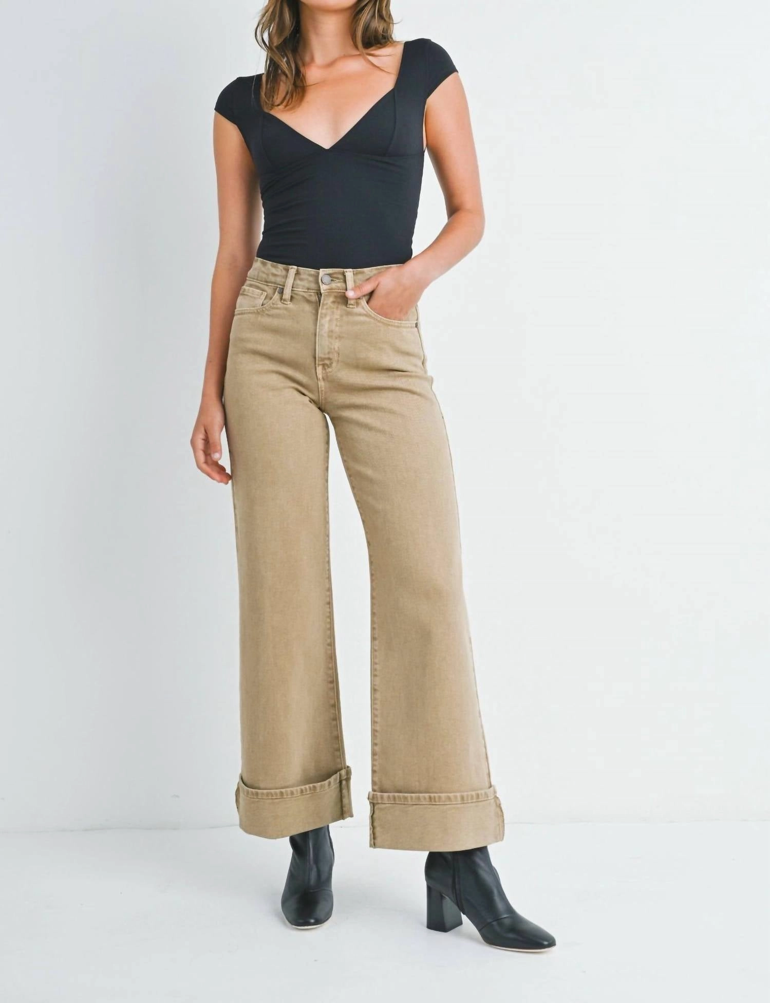 Cuffed Palazzo Wide Leg Jeans In Khaki womens cargo pants promo