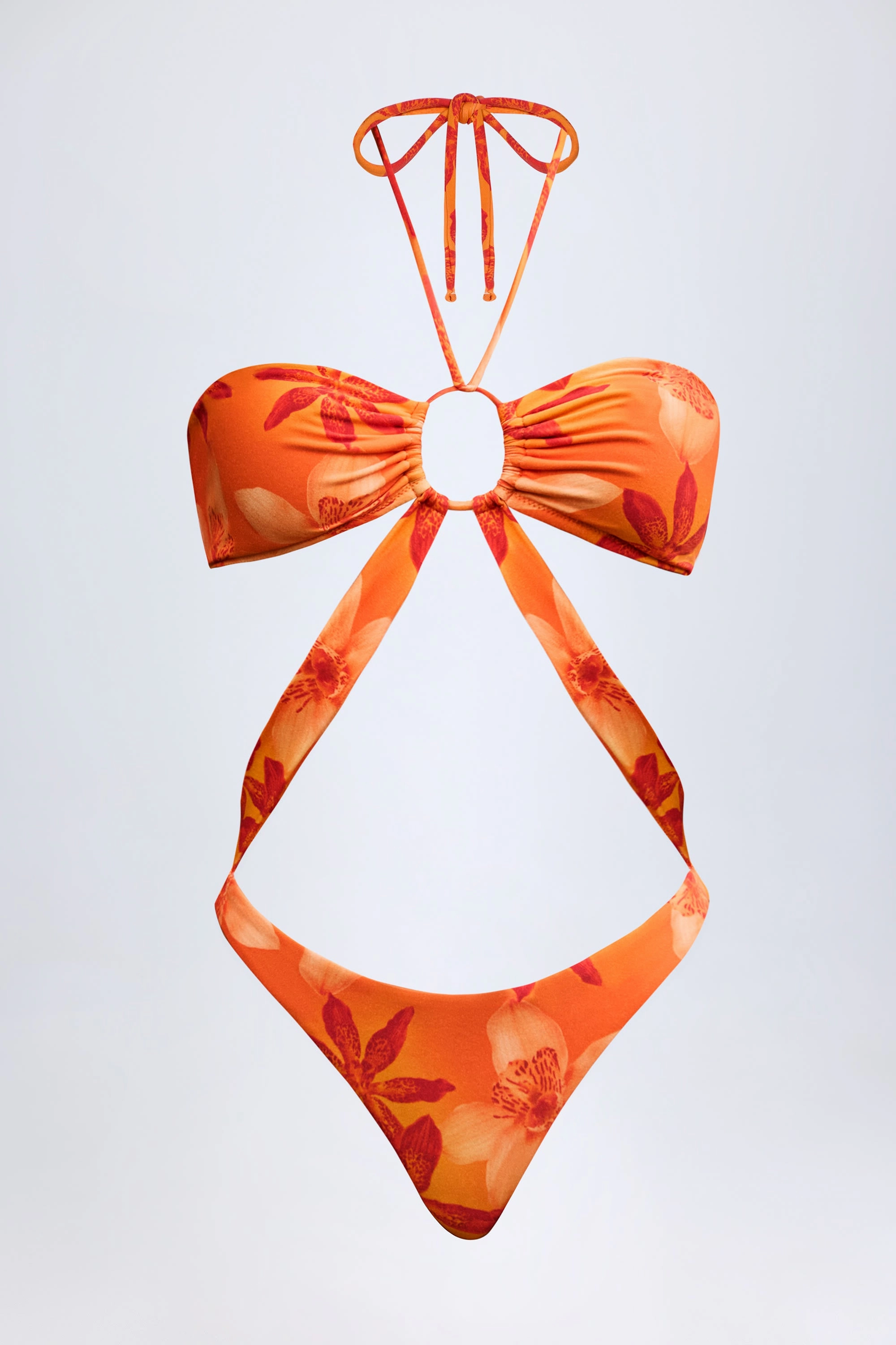 Cut-Out Halterneck Swimsuit in Orange Orchid Print