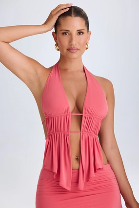 Cut-Out Ruched Halterneck Crop Top in Coral Tops - tops on sale