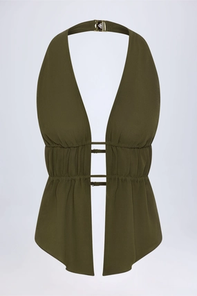 Cut-Out Semi-Sheer Ruched Halterneck Crop Top in Dark Khaki Tops - tops on sale