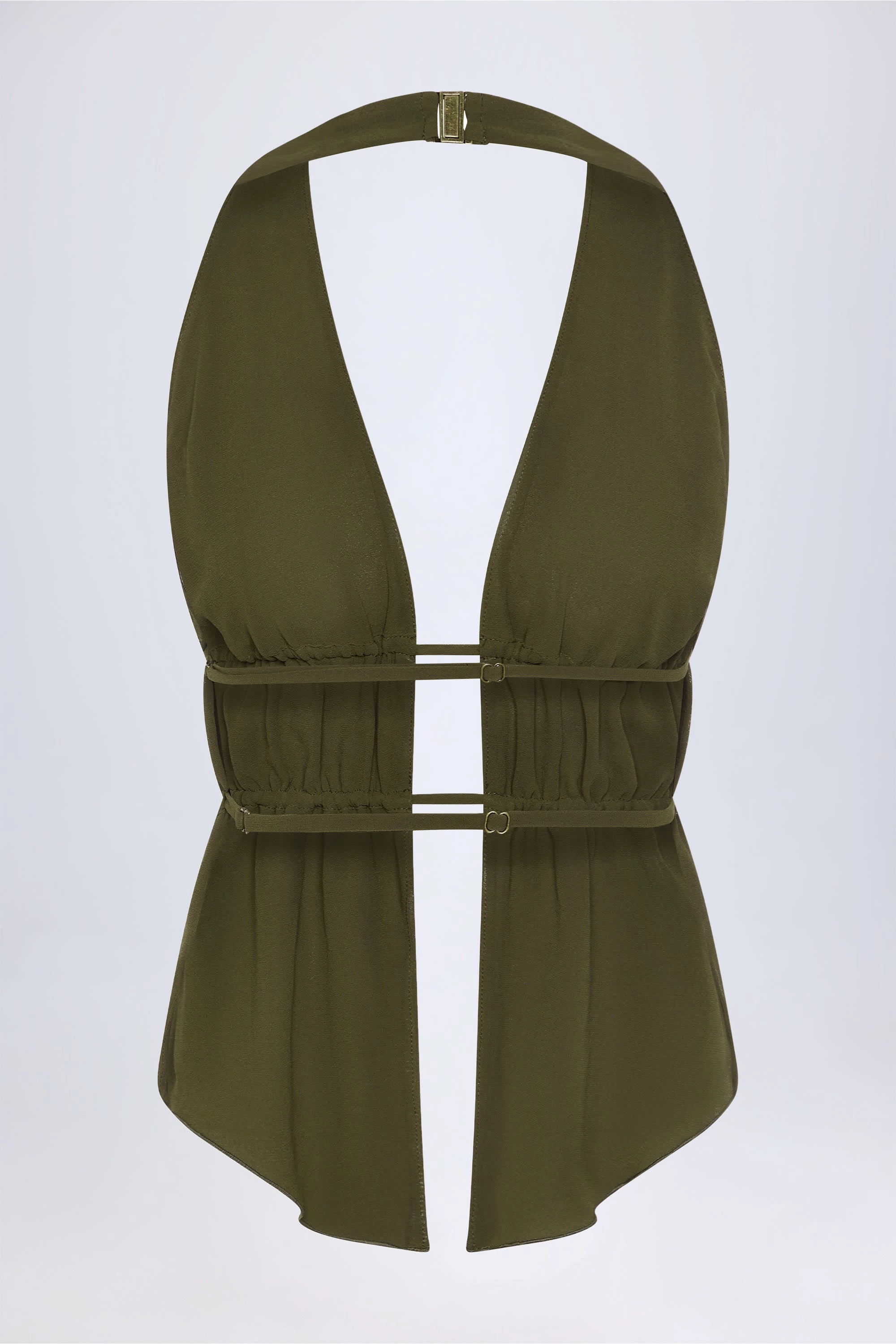 Cut-Out Semi-Sheer Ruched Halterneck Crop Top in Dark Khaki