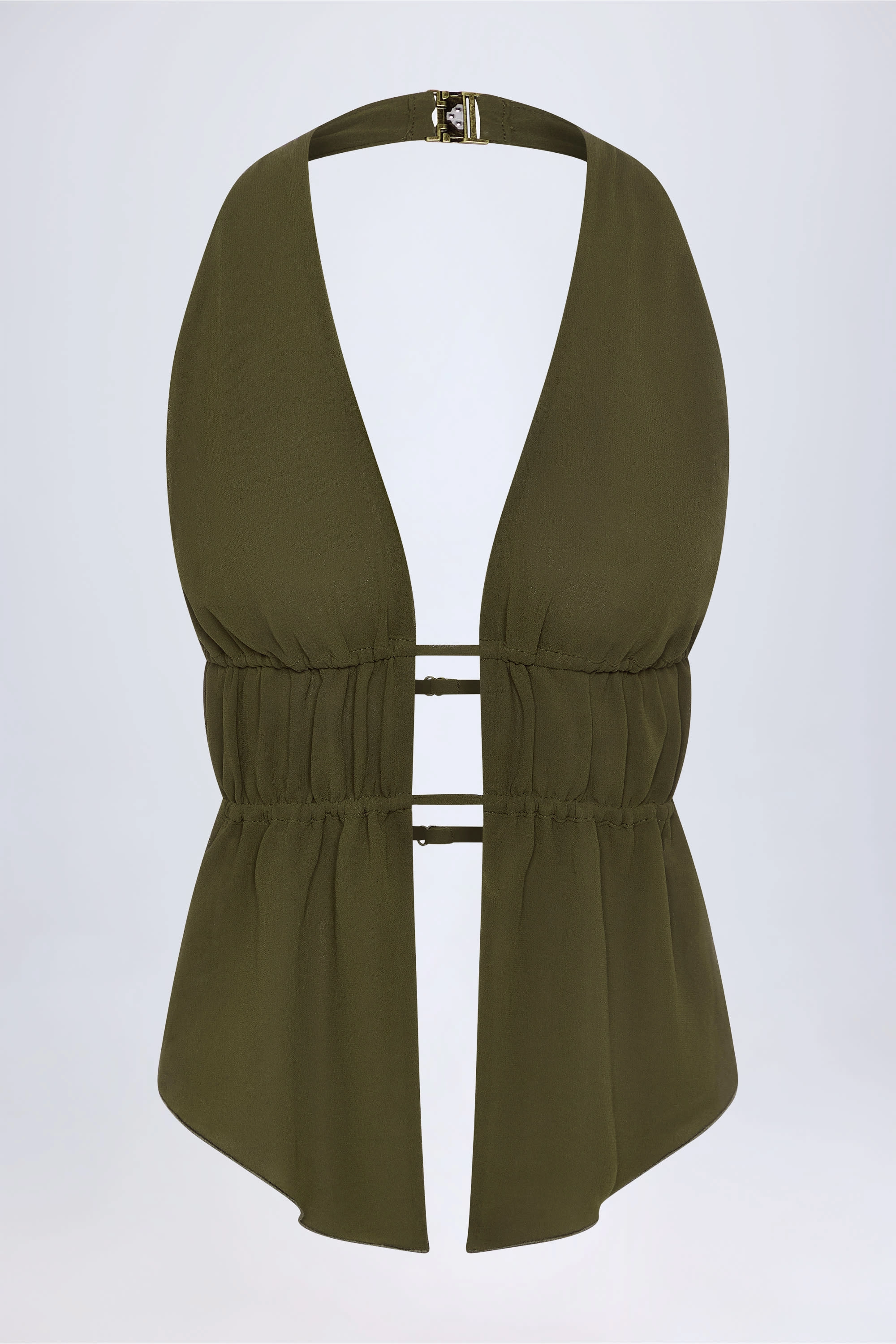 Cut-Out Semi-Sheer Ruched Halterneck Crop Top in Dark Khaki Tops - tops on sale
