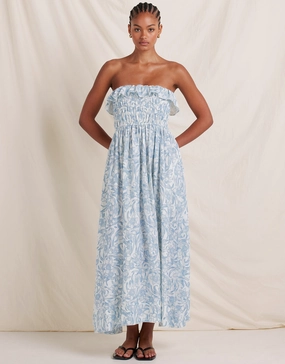 Daffodil Shirred Midi Dress - Blue Print Swim Womens - bikinis clearance