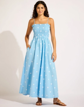 Daisy Chain Shirred Maxi Dress - Powder Blue Swim Womens - bikinis clearance