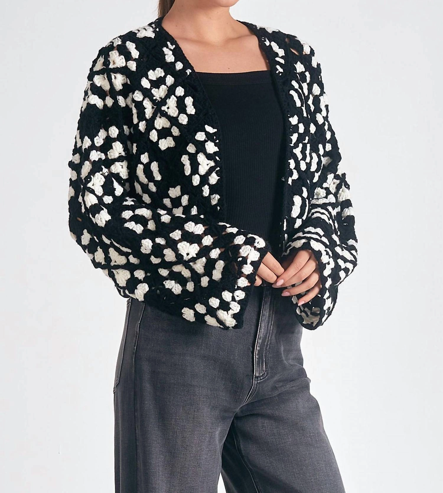 Daisy Crochet Cardigan In Black/white Tops Womens - button-up blouses