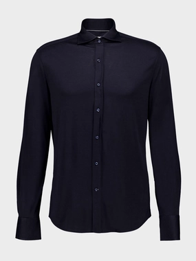 Dark Blue Silk-Cotton Spread Collar Shirt Suits Mens - men's suits outlet