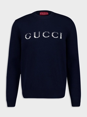Dark Blue Sweater Gucci Intarsia Knitwear Mens - men's sweaters sale