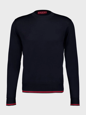 Dark Blue Wool Knit Sweater with Web Knitwear Mens - men's sweaters sale