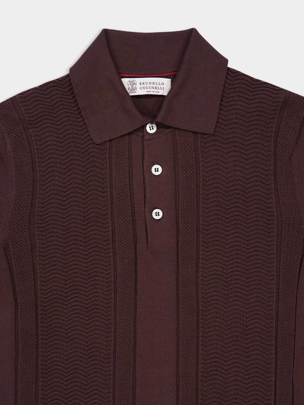 Dark Brown Cotton Knit Polo with Jacquard Stripes