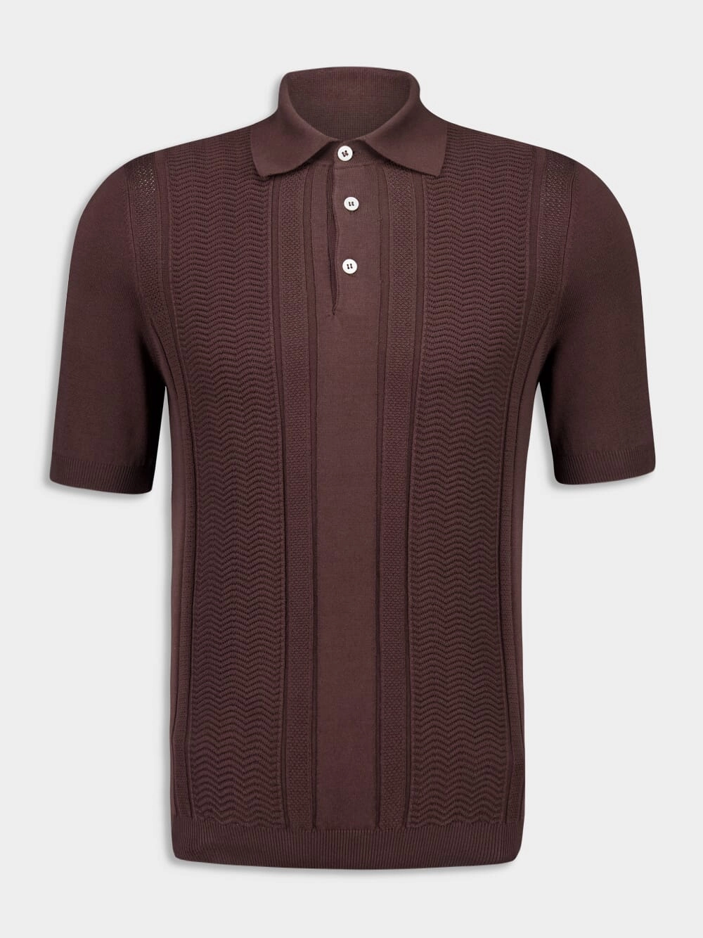 Dark Brown Cotton Knit Polo with Jacquard Stripes Tops Mens - men's t-shirts outlet