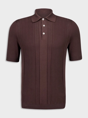 Dark Brown Cotton Knit Polo with Jacquard Stripes Tops Mens - men's t-shirts outlet