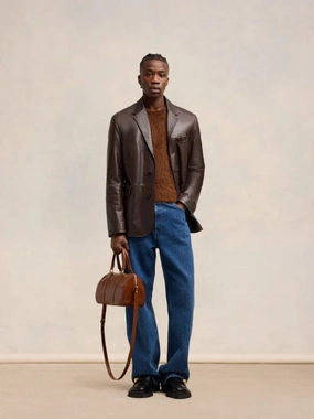 Dark Coffee Leather Blazer Suits Mens - men's suits outlet