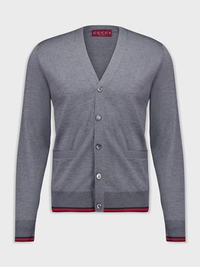 Dark Grey Wool Knit Cardigan with Web Trim Knitwear Mens - men's sweaters sale