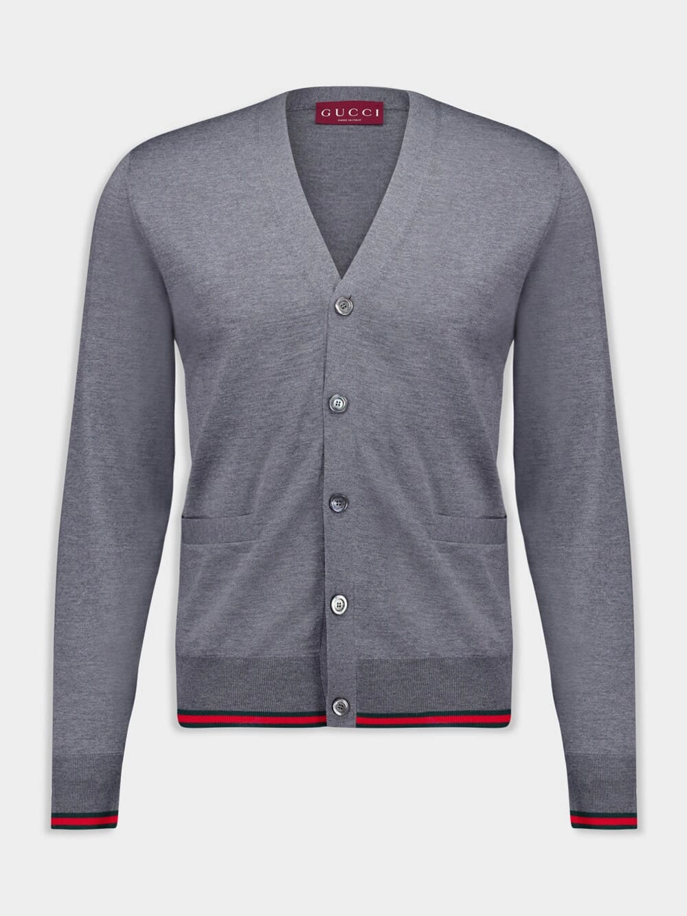 Dark Grey Wool Knit Cardigan with Web Trim Knitwear Mens - men's sweaters sale