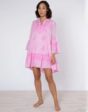 Dhaka Print Flared Sleeve Dress - Pink and Neon Pink Swim Womens - bikinis clearance