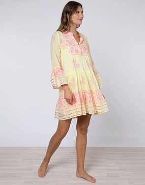 Dhaka Print Flared Sleeve Dress - Yellow and Fuchsia Swim Womens - bikinis clearance
