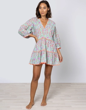 Ditsy Print V-Neck Tiered Mini Dress with Ric-Rac - Aqua and Neon Red Swim Womens - bikinis clearance