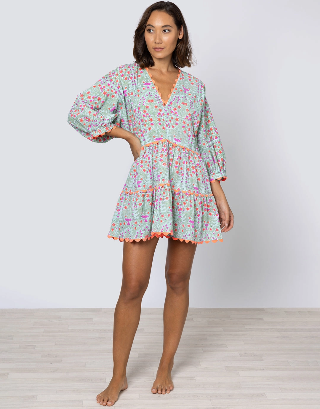 Ditsy Print V-Neck Tiered Mini Dress with Ric-Rac - Aqua and Neon Red Swim Womens - bikinis clearance