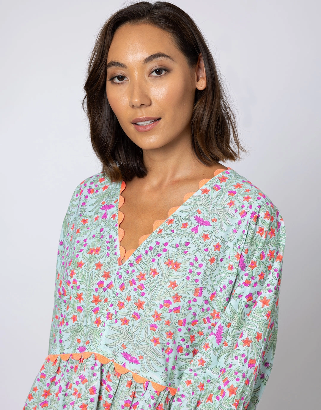 Ditsy Print V-Neck Tiered Mini Dress with Ric-Rac - Aqua and Neon Red