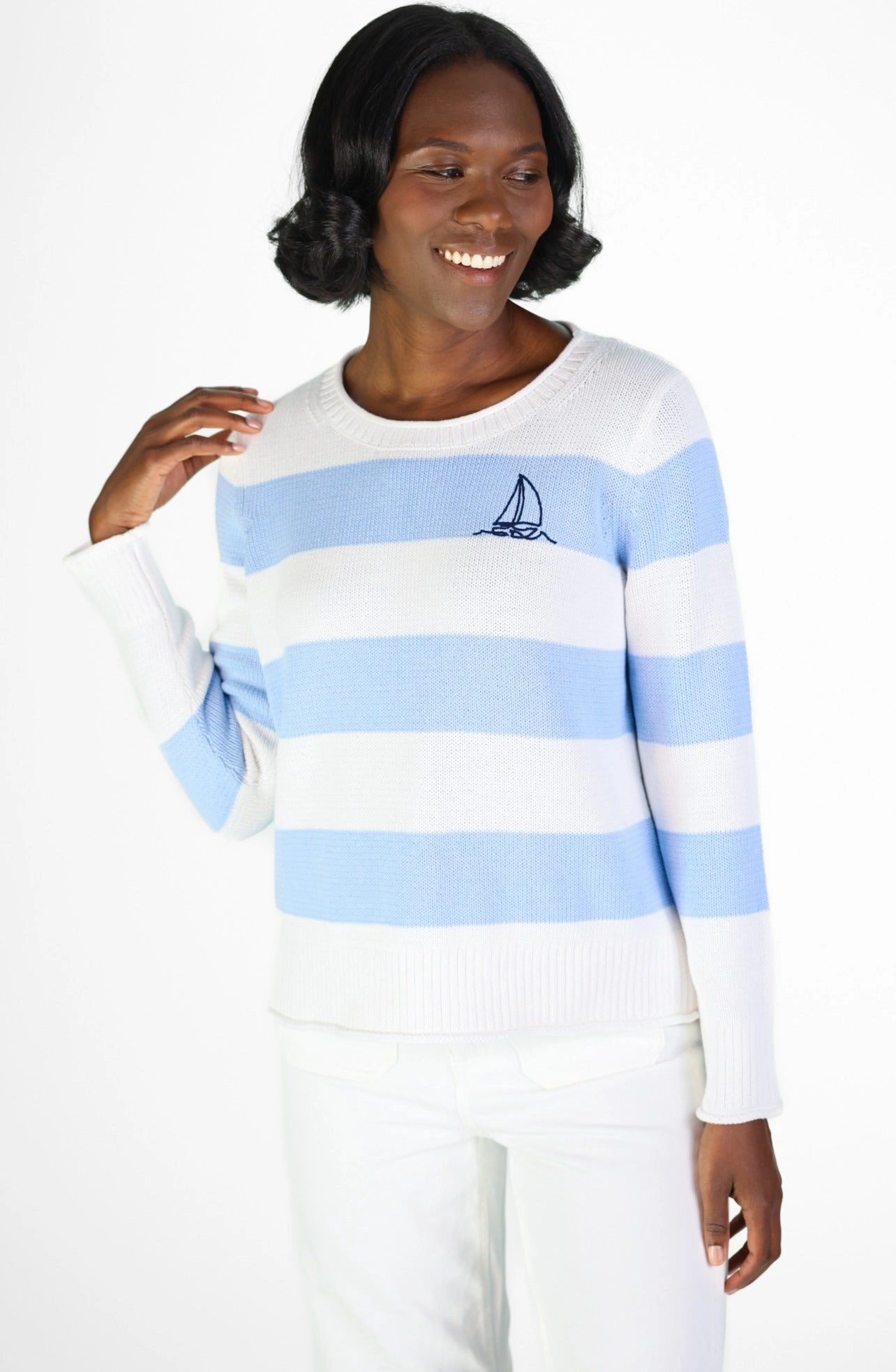 Duffield Lane Beach Crew Neck Sweater: Sail Navy Stripe