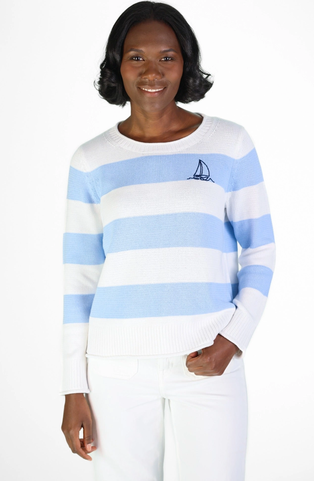 Duffield Lane Beach Crew Neck Sweater: Sail Navy Stripe
