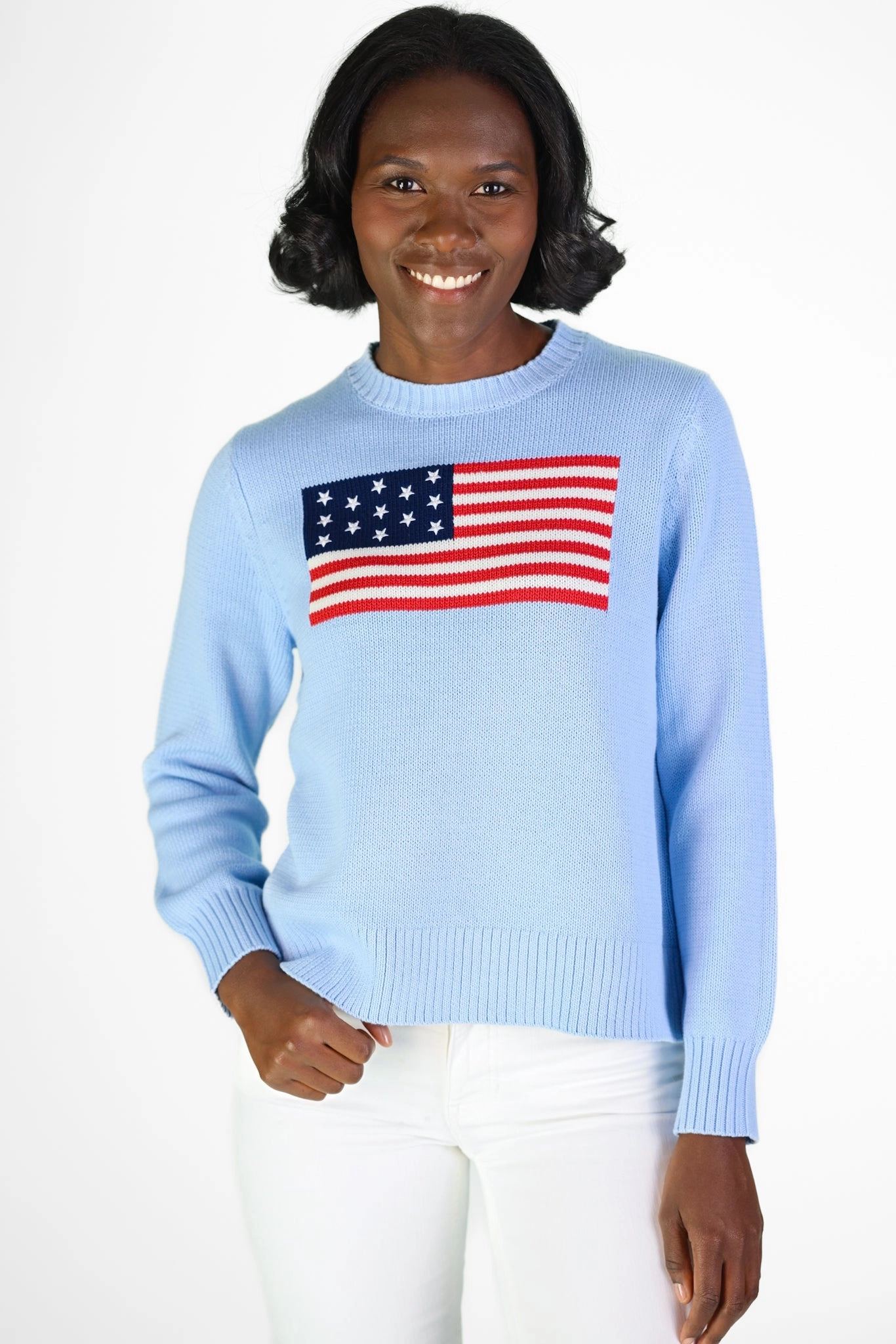 Duffield Lane Sport Crew Flag Sweater - Light Blue womens blouses promo