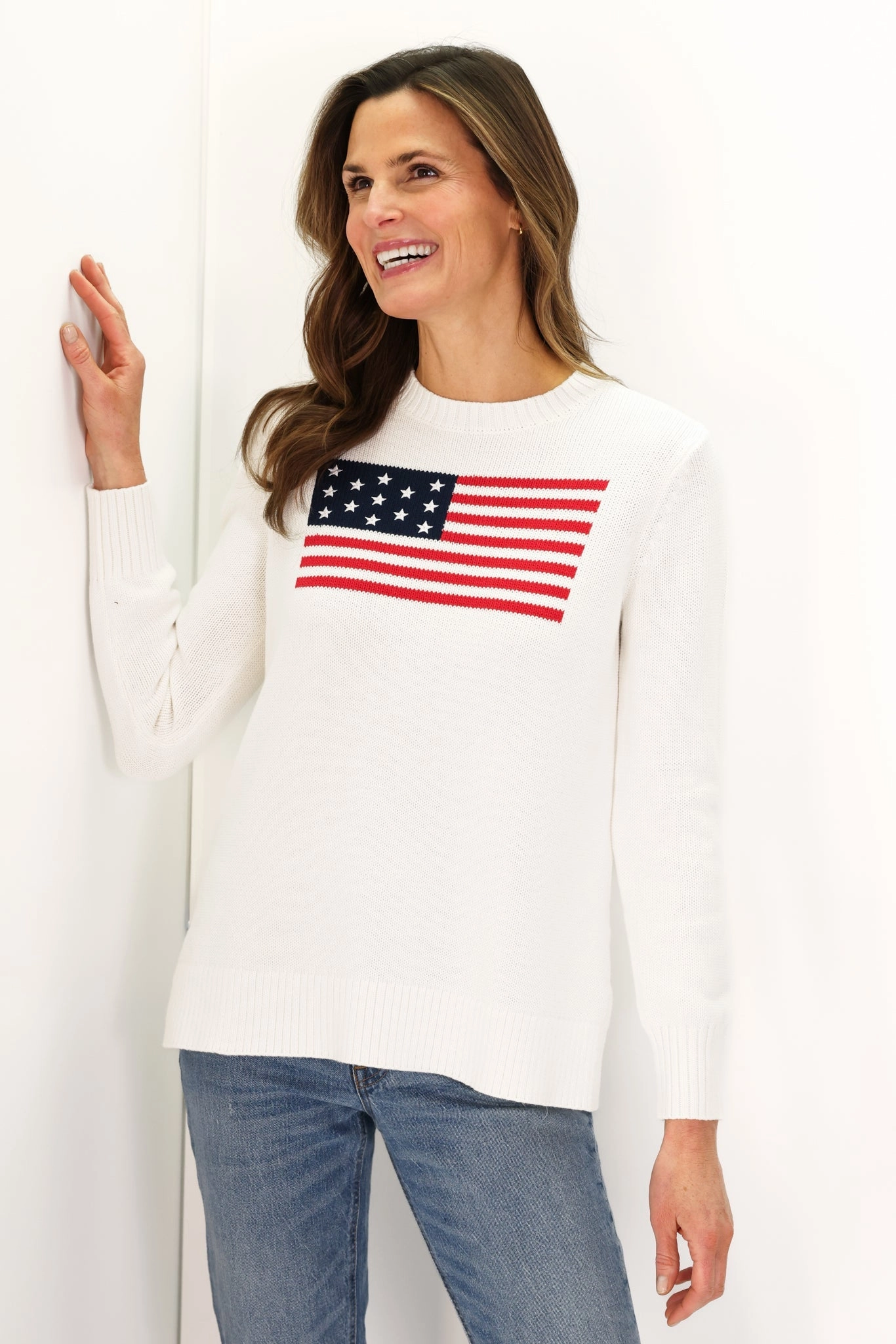 Duffield Lane Sport Crew Flag Sweater - White