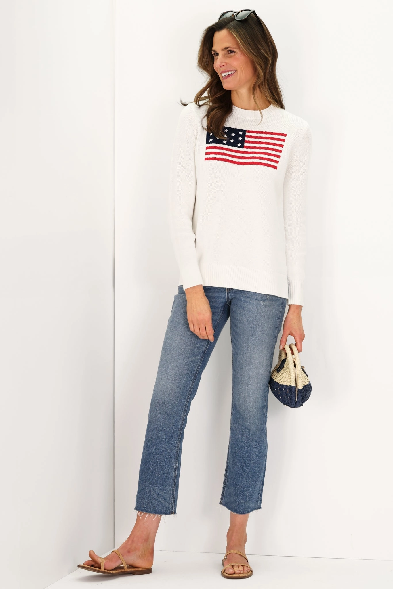 Duffield Lane Sport Crew Flag Sweater - White
