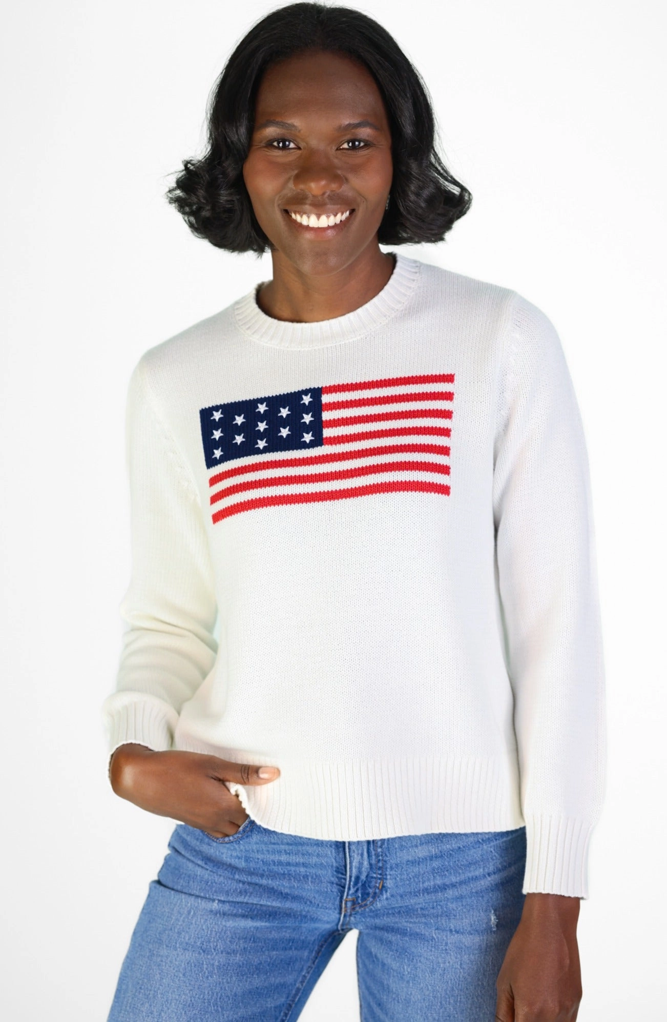 Duffield Lane Sport Crew Flag Sweater - White womens blouses promo