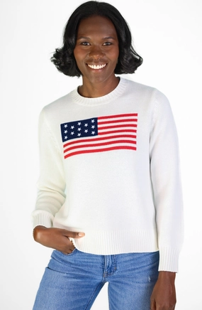 Duffield Lane Sport Crew Flag Sweater - White womens blouses promo
