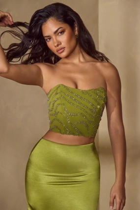 Embellished Bandeau Corset Top in Olive Tops - tops on sale