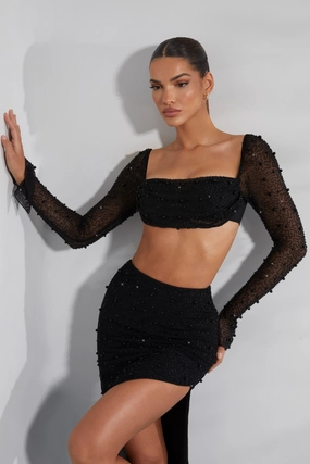 Embellished Cowl Neck Crop Top in Black Tops - tops on sale