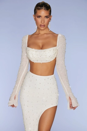 Embellished Cowl Neck Crop Top in Ivory Tops - tops on sale