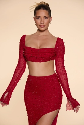 Embellished Cowl Neck Crop Top in Red Tops - basic tees cheap